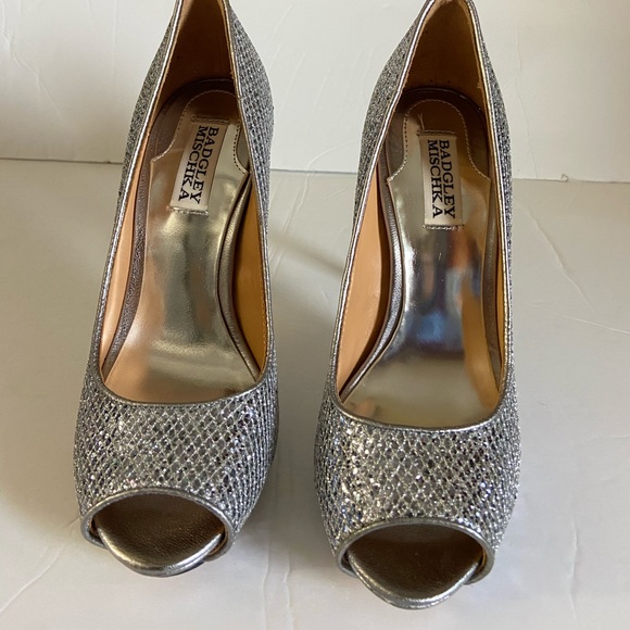 Badgley mischka silver sparkle peep toe heels 6.5 - Picture 2 of 10
